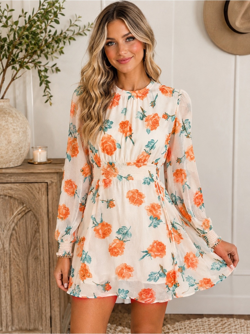 Free People Cream Floral Long-Sleeve Smocked-Waist Dress with Orange Roses